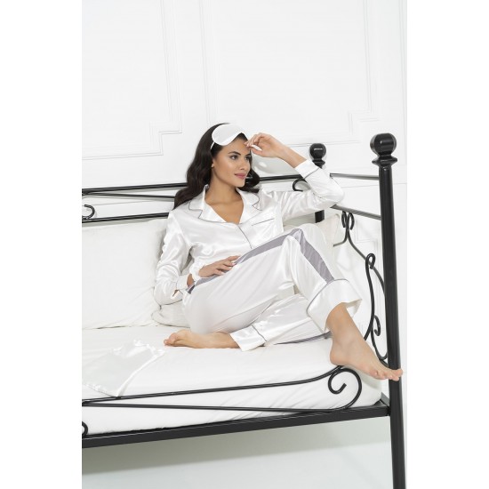 For You Sleepwear 5 Pieces Satin Gray Striped Ecru Pajama Set