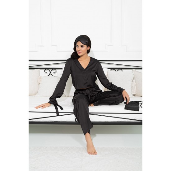 For You In&Out 5 Pieces Indoor&Outdoor Arm Tie Detailed Black Pajamas Set