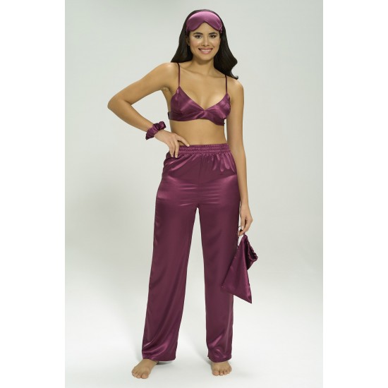 For You Sleepwear 6 Pieces Satin Bustier Purple Pajamas Set