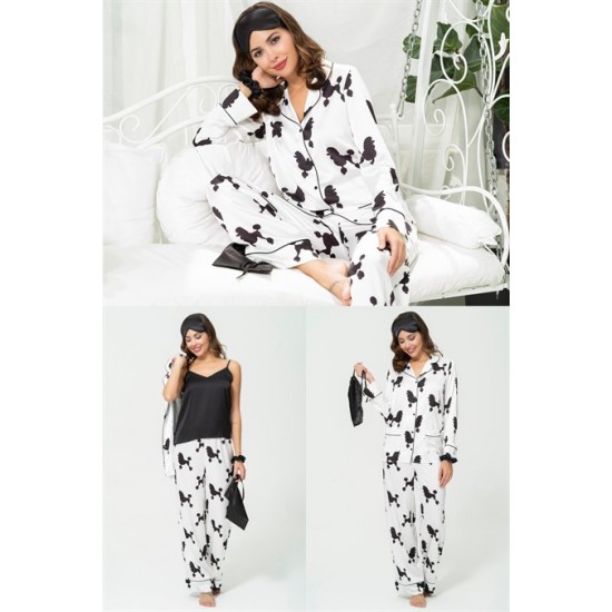 For You Sleepwear 6 Pieces Dog Pattern White Satin Pajamas Set