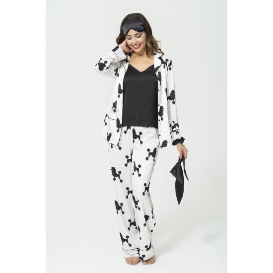 For You Sleepwear 6 Pieces Dog Pattern White Satin Pajamas Set