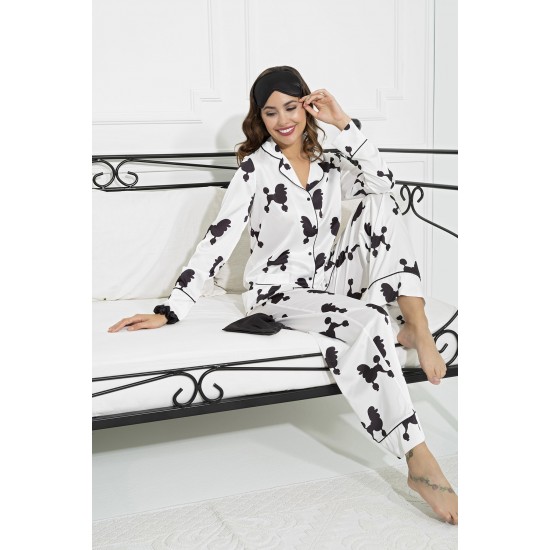 For You Sleepwear 6 Pieces Dog Pattern White Satin Pajamas Set