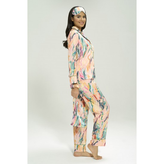 For You Sleepwear 7 Pieces Satin Marble Pattern Green Pajamas Set