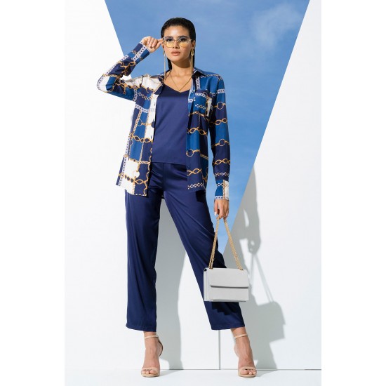 For You In&Out 6 Pieces Both Inside and Outside Chain Pattern Navy Blue Pajamas Set