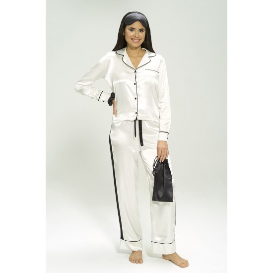 For You Sleepwear 5-Piece Satin Black Striped Ecru Pajama Set