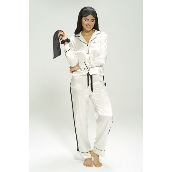 For You Sleepwear 5-Piece Satin Black Striped Ecru Pajama Set