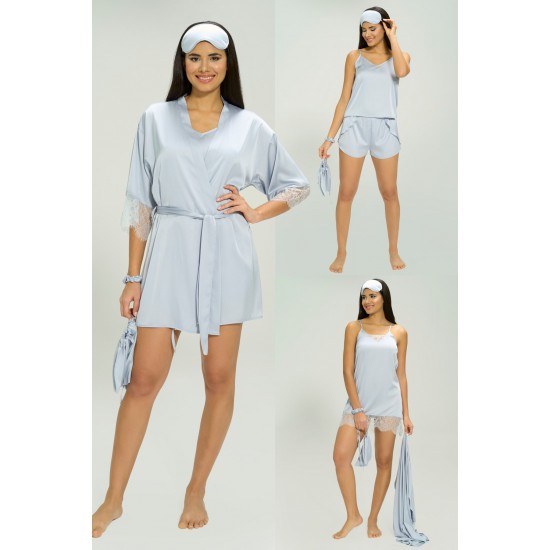 For You Sleepwear 7 Piece Satin Baby Blue Lace Detail Pajama Set