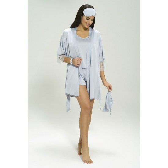 For You Sleepwear 7 Piece Satin Baby Blue Lace Detail Pajama Set