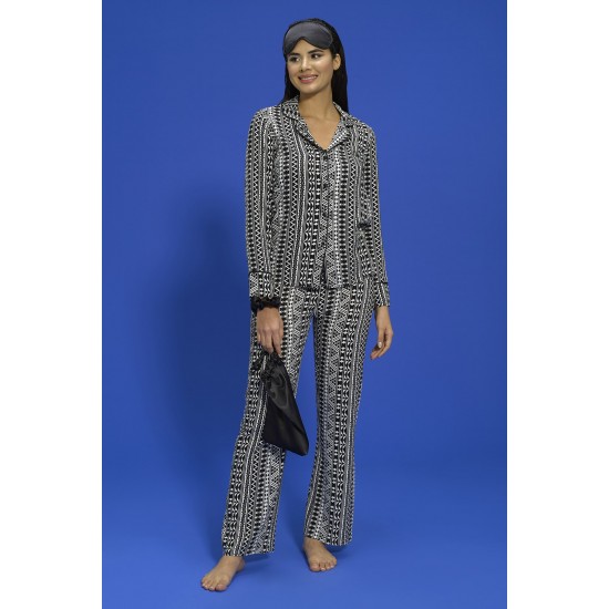 For You In&Out 7 Pcs Viscose Both Inside and Outside Asymmetric Pattern Black Pajama Set
