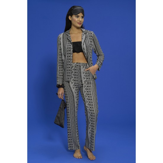 For You In&Out 7 Pcs Viscose Both Inside and Outside Asymmetric Pattern Black Pajama Set