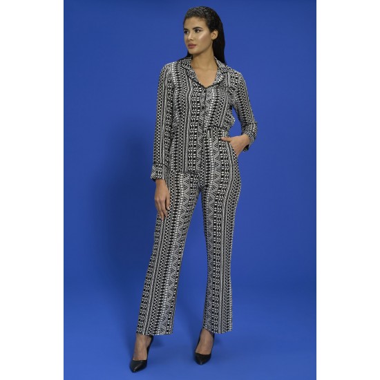 For You In&Out 7 Pcs Viscose Both Inside and Outside Asymmetric Pattern Black Pajama Set