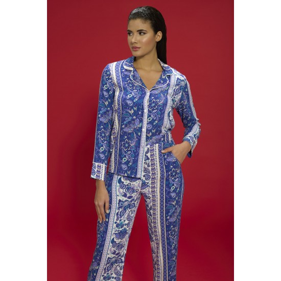 For You In&Out 7 Piece Viscose Ethnic Pattern Blue Pajama Set Both Inside and Outside