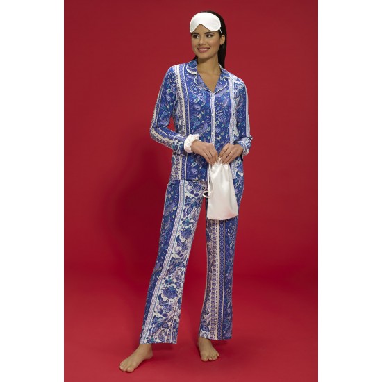 For You In&Out 7 Piece Viscose Ethnic Pattern Blue Pajama Set Both Inside and Outside