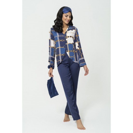 For You In&Out 6 Piece Satin Chain Pattern Shirt Bustier Navy Blue Bottom Top Set