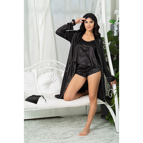 For You Sleepwear 6 Piece Leopard Piping Detailed Dressing Gown Athlete Shorts Black Pajamas Set