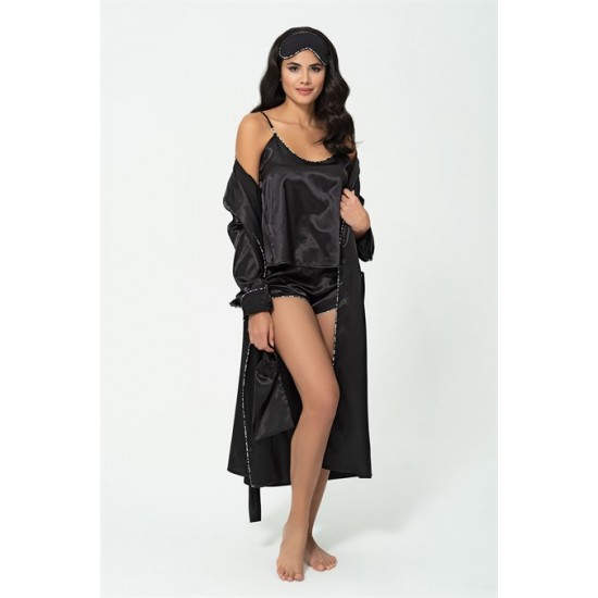 For You Sleepwear 6 Piece Leopard Piping Detailed Dressing Gown Athlete Shorts Black Pajamas Set