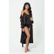 For You Sleepwear 6 Piece Leopard Piping Detailed Dressing Gown Athlete Shorts Black Pajamas Set