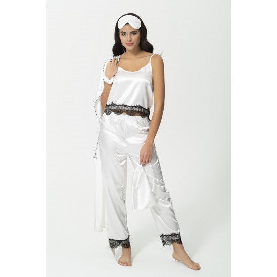 For You Sleepwear 6 Piece Lace Detailed Dressing Gown Athlete Shorts Ecru Pajamas Set