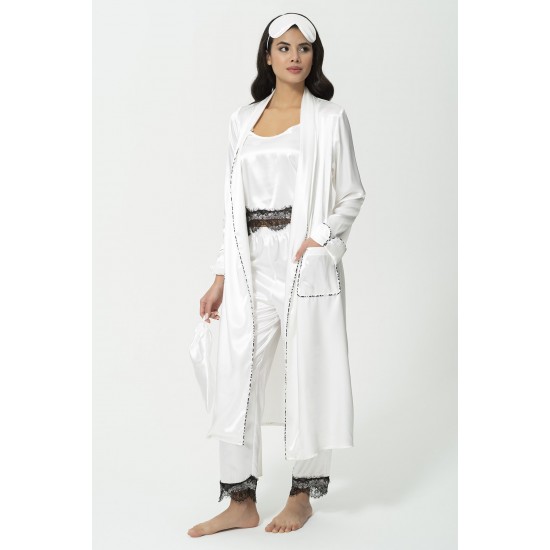 For You Sleepwear 6 Piece Lace Detailed Dressing Gown Athlete Shorts Ecru Pajamas Set