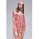 For You Moda Women's 6 Pieces Red and White Striped Satin Pajamas Set