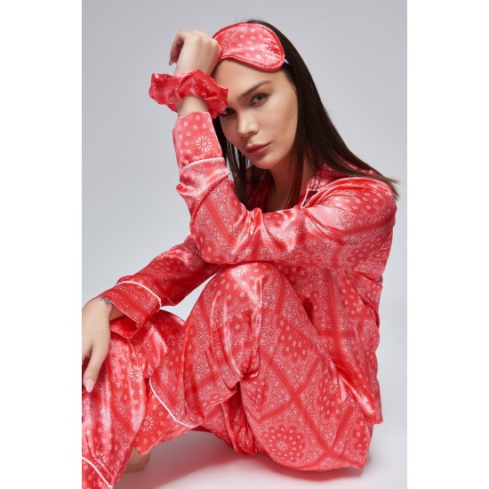 For You Moda Women's 6 Pieces Red Authentic Pattern Satin Pajamas Set