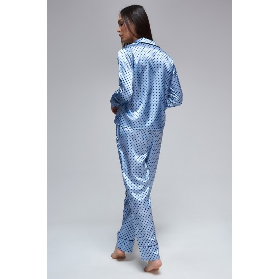 For You Moda Women's Polka Dot Blue Satin Pajamas Set