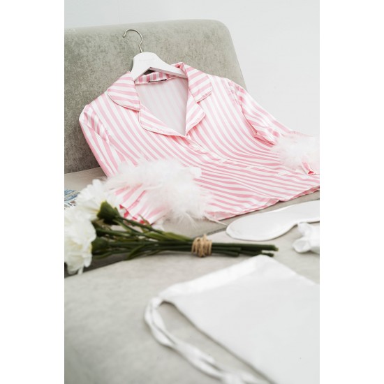 For You Moda Women's 5-Piece Pink Striped Feather Detailed Satin Pajamas Set