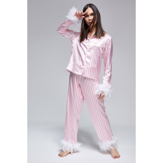 For You Moda Women's 5-Piece Pink Striped Feather Detailed Satin Pajamas Set