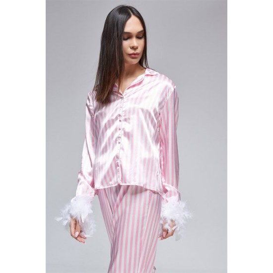 For You Moda Women's 5-Piece Pink Striped Feather Detailed Satin Pajamas Set