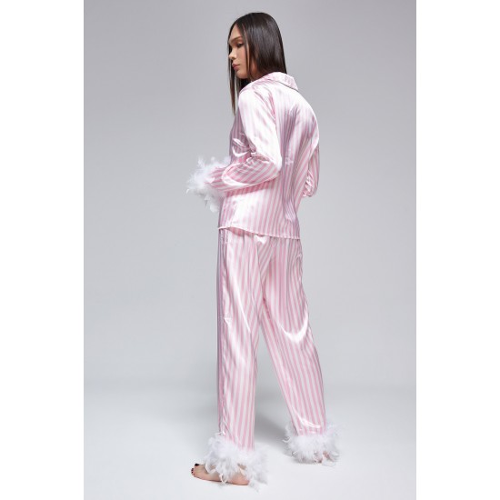 For You Moda Women's 5-Piece Pink Striped Feather Detailed Satin Pajamas Set