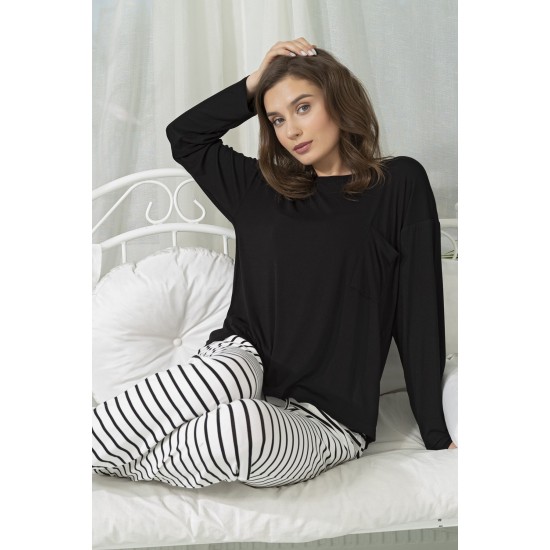 For You Woman 2-pack Cotton Striped Black Pajamas Bottom and Top Set
