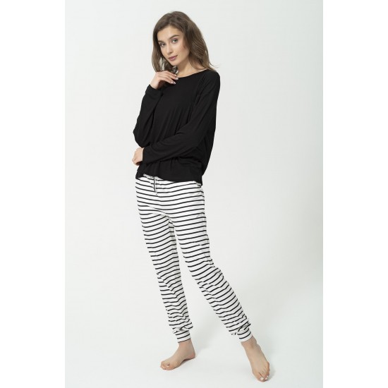 For You Woman 2-pack Cotton Striped Black Pajamas Bottom and Top Set