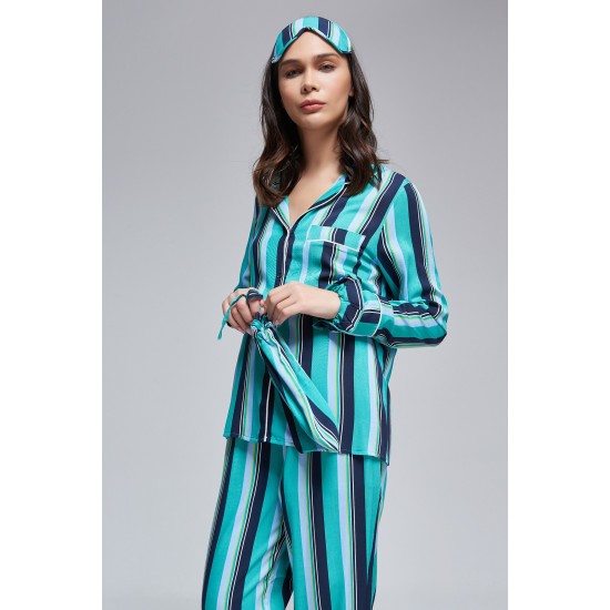 For You Moda 6 Pieces Green Striped Viscose Long Sleeve Pajamas Set