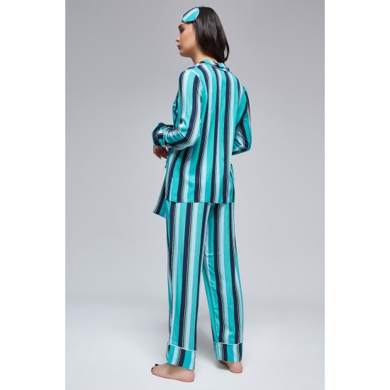 For You Moda 6 Pieces Green Striped Viscose Long Sleeve Pajamas Set