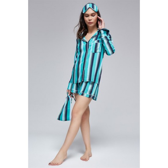 For You Moda 6 Pieces Green Striped Viscose Long Sleeve Pajamas Set