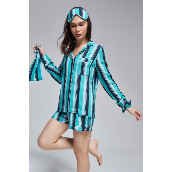 For You Moda 6 Pieces Green Striped Viscose Long Sleeve Pajamas Set