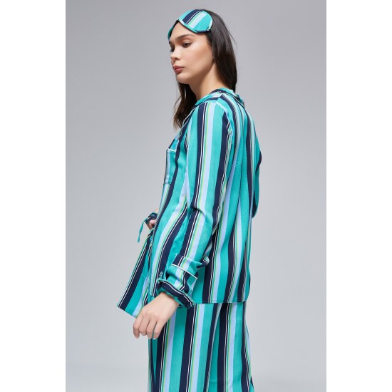 For You Moda 6 Pieces Green Striped Viscose Long Sleeve Pajamas Set