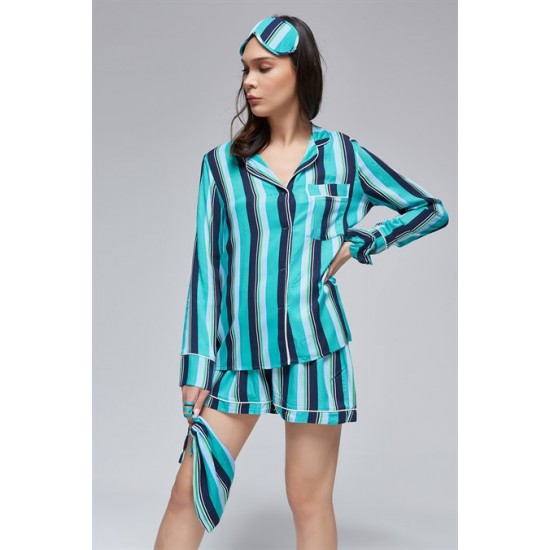 For You Moda 6 Pieces Green Striped Viscose Long Sleeve Pajamas Set