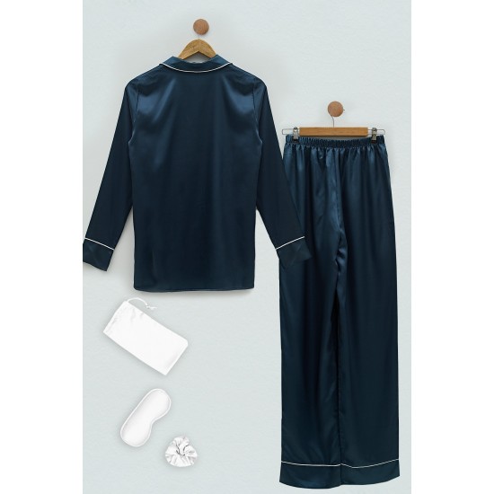 For You Sleepwear 5 Pieces Satin Navy Blue Pajamas Set