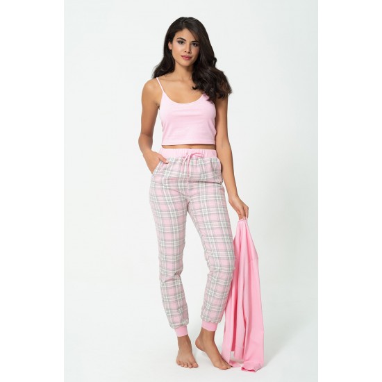 For You Loungewear 3-Piece Plaid Bustier Cardigan Pink Set