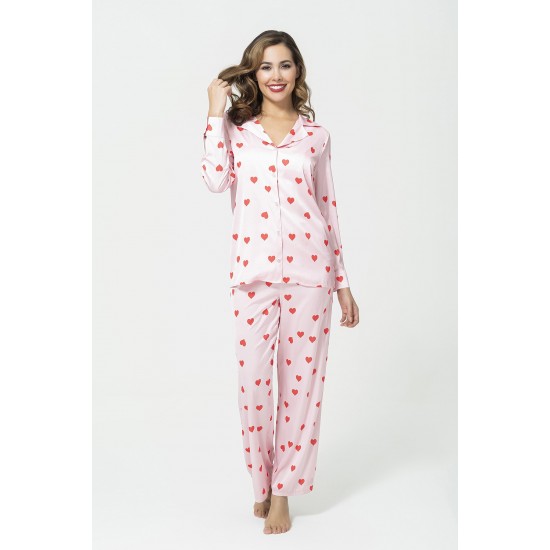 For You Sleepwear Triple Heart Bustier Pink Satin Pajama Set