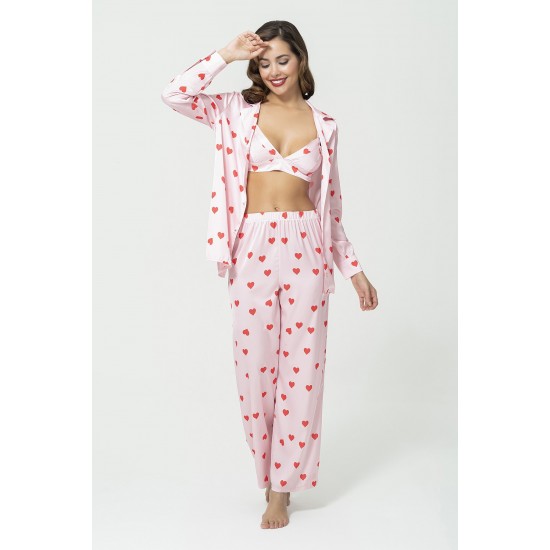 For You Sleepwear Triple Heart Bustier Pink Satin Pajama Set