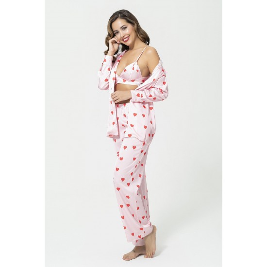 For You Sleepwear Triple Heart Bustier Pink Satin Pajama Set