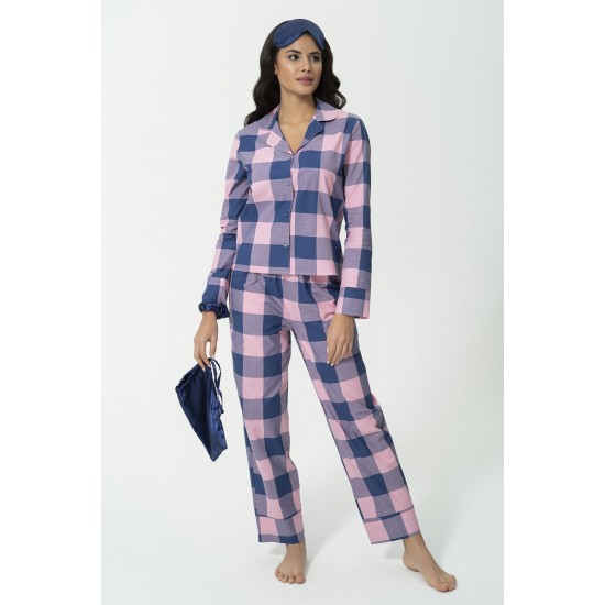 For You Sleepwear 7 Pcs Plaid Pattern Cotton Pink Pajamas Set