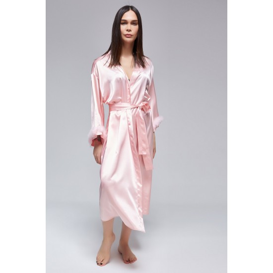 For You Fashion Women's Rose Gold Sleeve Feather Detailed Satin Nightgown