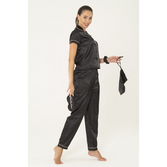 For You Moda Women's Satin 6 Pieces Black Pajama Set With Pink Piping