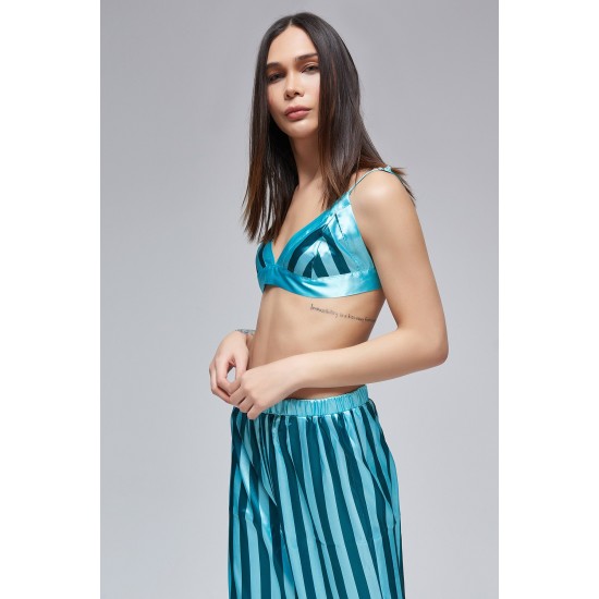 For You Moda Women's Triple Green Turquoise Striped Bustier Satin Pajamas Set