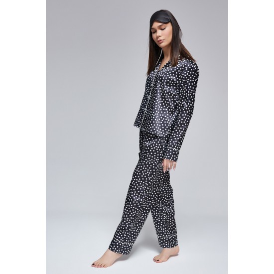 For You Moda Women's 6 Pieces White Polka Dot Piping Satin Pajamas TK