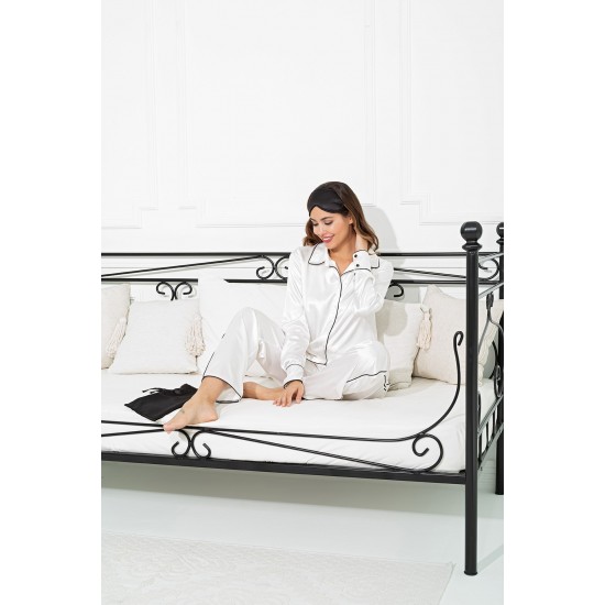 For You In&Out 7 Pieces Inside and Outside Satin Black Tie Ecru Pajama Set