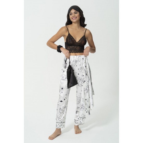 For You Sleepwear 6 Pcs Crescent and Star Pattern Ecru Satin Pajamas Set